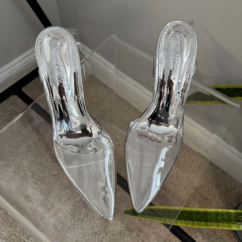 Public Desire x Kenza Slingback Pointed Toe Heels in Clear Sliver Size 10 - Picture 4 of 11